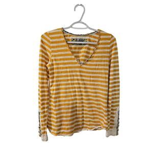 Anthropologie‎ Little Yellow Button Striped long sleeve Top boho cuff lace small